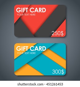 Set of gift cards in style of material design. Templates of yellow, black and blue color, different face value. Vector illustration