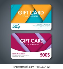 Set of gift cards in style of material design, yellow, blue and red color and different dollar face value. Vector illustration  