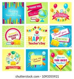 Set of gift cards for Teacher's Day. Vector illustrations collection. Happy Teacher's day - holiday greeting cards design. Poster & banner concept for Teacher's day with books, glasses, globe, pencils