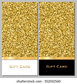 Set of gift cards with a trendy glitter design. Round golden glitter. Vector illustration.