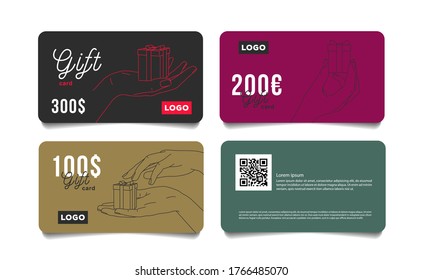 Set of gift cards vouchers with hand giving a small present box in dofferent positions, premium segment template voucher layut for jewelry store