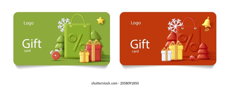 Set of gift certificate with 3d render composition illustration of big shopping bag with percent sign and Christmas attributes around it, isolated