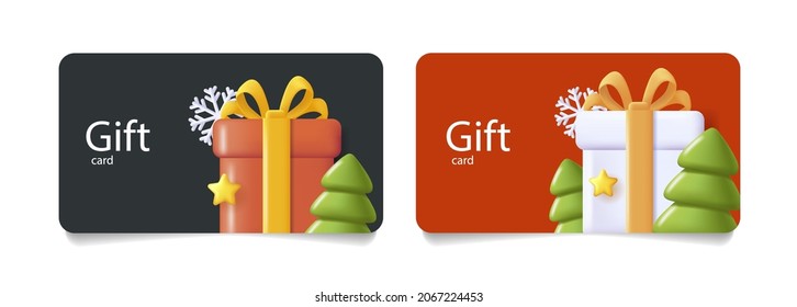 Set of gift certificate with 3d render big gift box surounded with Christmas trees and snowflakes