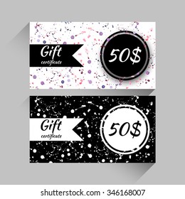 Set of gift certificate covers design with watercolor splashes. Stock vector.