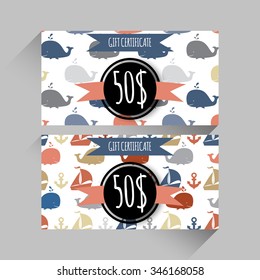 Set of gift certificate covers design with sea and wheals backgounds. Stock vector.