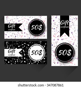 Set of gift certificate covers design with watercolor splashes. Stock vector.