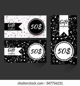 Set of gift certificate covers design with watercolor splashes. Stock vector.