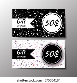 Set of gift certificate covers design with watercolor splashes. Stock vector.