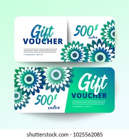 Set of gift certificate with delicate painted flowers. Modern paper cut style vector illustration.