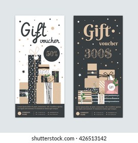 Set of gift certificate with a modern style with kraft boxes. Hipster type certificate for my birthday. Gift box for the holiday. Premium flyer for cosmetics, dress, a spa as a gift.