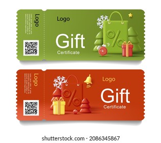 Set of gift certificate or promo event invitation ticket with 3d render composition illustration of big shopping bag with percent sign and Christmas attributes around it, isolated
