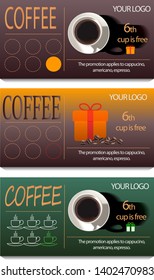 Set of gift coffee voucher card or discount coupon for sixth cup. Three types of coupons. Free coffee as a present. Special offer. Coffee promotion