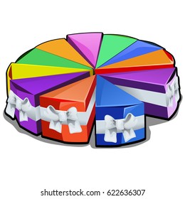 Set gift colored cardboard boxes tied with ribbon bow isolated on white background. Gift idea for office workers in the style of pie chart. Vector cartoon close-up illustration.