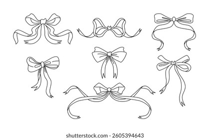 Set Gift Coquette Bows isolated on a white background. Line art drawing with different of ribbons. Vector Illustration.