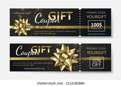 Set of gift coupons with golden ribbons and bows. Template for a festive gift voucher, invitation and certificate. Vector Illustration