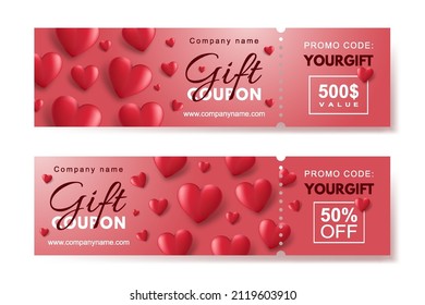 Juego de cupones de regalo con corazones 3d rojos. Plantilla para un vale de regalo festivo, invitación y certificado. Ilustración vectorial
