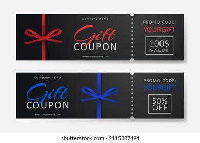 Set of gift coupons with red, blue ribbons and bows. Template for a festive gift voucher, invitation and certificate. Vector Illustration