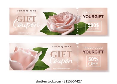 Set of gift coupons with two realistic pink roses flowers. Template for a festive gift voucher, invitation and certificate. Vector Illustration