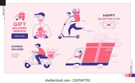 Set of gift delivery service icons, Valentine's Day concept. Vector illustration for web, print, scrapbook, card,etc. 