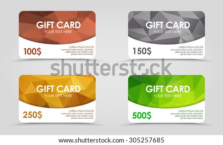 A set of gift (discount) cards with gold, silver, emerald and bronze geometric polygonal background.