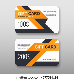 Set of gift discount cards layout design templates with orange and black abstract geometric shapes on gradient background. Vector illustration eps10.