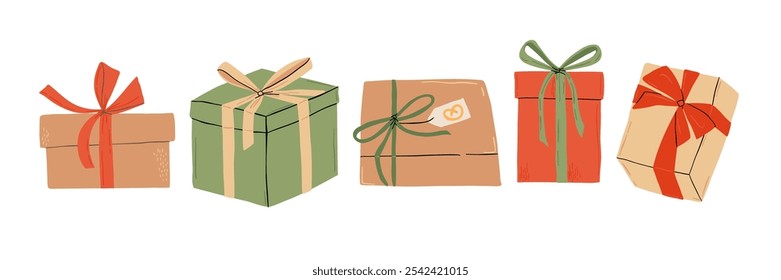 A set of gift is drawn in a flat style. Christmas, holidays, gifts. Hand drawn vector illustration.