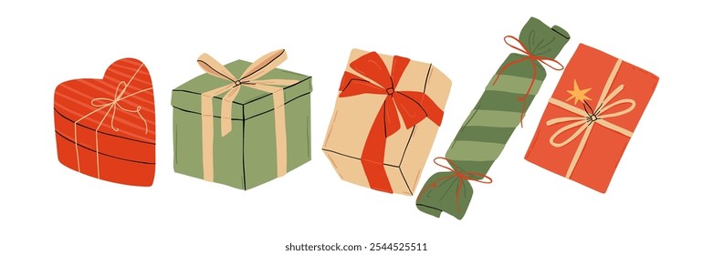 Un conjunto de regalo se dibuja en un estilo plano. Navidades, vacaciones, regalos. Ilustración vectorial dibujada a mano.