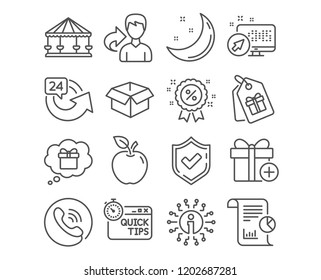 Set of Gift dream, Add gift and 24 hours icons. Opened box, Carousels and Discount signs. Report, Quick tips and Coupons symbols. Present box, Repeat, Shipping parcel. Vector