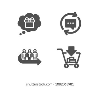 Set of Gift dream, Queue and Update comments icons. Shopping sign. Receive a gift, People waiting, Chat speech bubble. Add to cart.  Quality design elements. Classic style. Vector