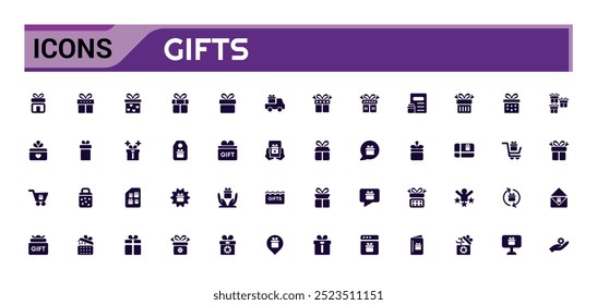 Set of gift filled icons, box, bow, surprise, glyph  collection for web and ui. Filled icon pack, Solid icon set. Vector illustration.