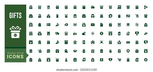 Set of gift filled icons, box, bow, surprise, glyph  collection for web and ui. Filled icon pack, Solid icon set. Vector illustration.