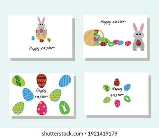 Un juego de regalos, tarjetas de felicitación para Pascua con la imagen de un conejo, una canasta, huevos pintados y la inscripción "Feliz Pascua". Ilustración vectorial.