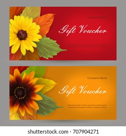 Set gift horizontal voucher autumn template. Autumn leaves and flowers. Concept of boutique, jewelry, flower shop, beauty salon, spa, fashion, flyer, banner, business card