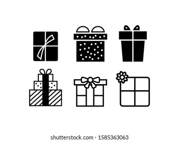 Set of Gift Icon in Black Style Isolated on White Background. Consist of Six Gift Icon Image. Suitable for Valentine, Christmas, Birthday, Happy New Year. Vector Illustration.
