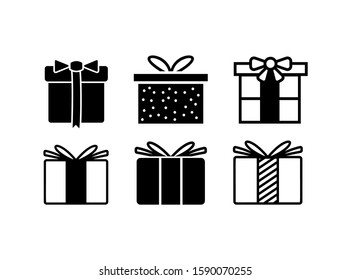 Set of Gift Icon in Black Style Isolated on White Background. Consist of Six Gift Icon Image. Suitable for Valentine, Christmas, Birthday, and more. Vector Illustration.