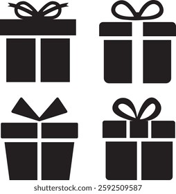 set of gift icons, box, present, bonus, surprise black icons, decoration