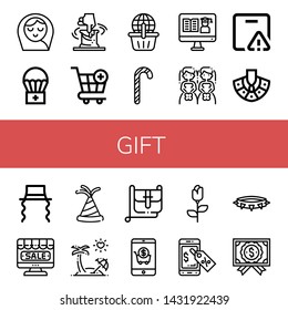 Set of gift icons such as Baby girl, Airdrop, Clay, Cart, Online shopping, Candy canes, Certificate, Brides, Important delivery, Necklace, Jewish, Online shop, Party hat , gift