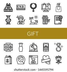 Set of gift icons such as Gift, Pottery, Discount, Disco, Bead, Honeymoon, Online shopping, Online shop, Shopping bag, Certificate, Pencil dress, Baby girl, Rose, Shopping cart , gift