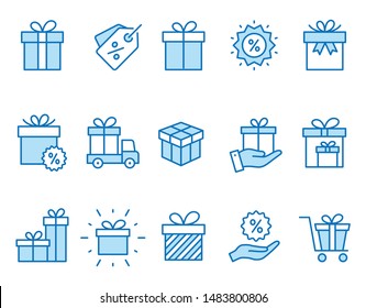 Set of gift icons, such as present, discount, package, price tag and more. Vector illustration isolated on white. Editable stroke.