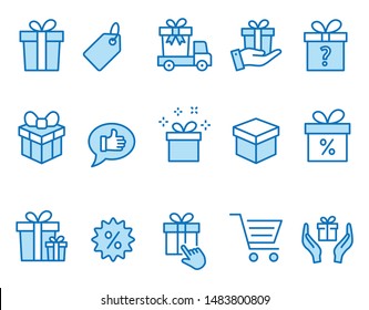 Set of gift icons, such as present, discount, package, price tag and more. Vector illustration isolated on white. Editable stroke.