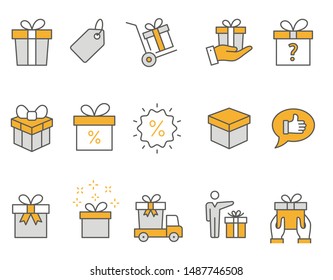 Set of gift icons, such as present, discount, package, price tag and more. Vector illustration isolated on white. Editable stroke.