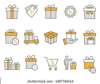 Conjunto de iconos de regalo, como presente, descuento, paquete, etiqueta de precio y más. Ilustración vectorial aislada en blanco. Trazo editable.