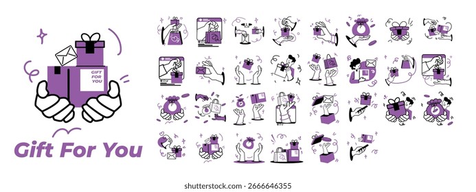 Conjunto de ilustraciones de regalo con personas, manos y cajas de regalo. Personajes sosteniendo, dando y recibiendo regalos para celebración, compras y momentos especiales.