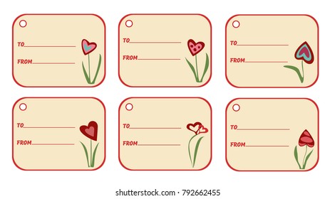 Set of gift labels for goods, flower bouquets. Card with lines for your text. Vector illustration. Horizontal location.
