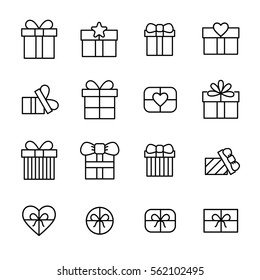 Set of gift in modern thin line style. High quality black outline box symbols for web site design and mobile apps. Simple gift pictograms on a white background.