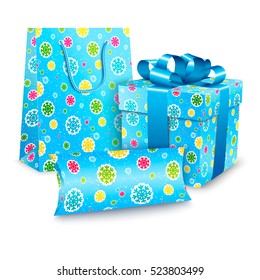 Set gift package with bag, box and candy box. Vector Illustration