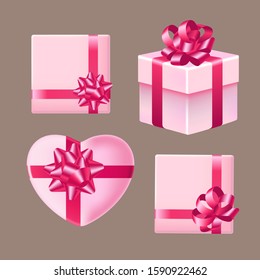 set of gift packages with bows and ribbons in pink. realistic three-dimensional image. can be used as a template for holiday design. vector illustration. EPS 10.