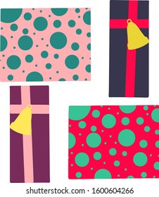 Set of gift packaging with ribbon and bell on top. Vector illustration isolated on a white background.