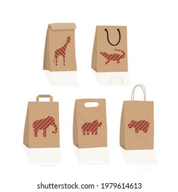 A set of gift paper craft bags with drawings of animals.