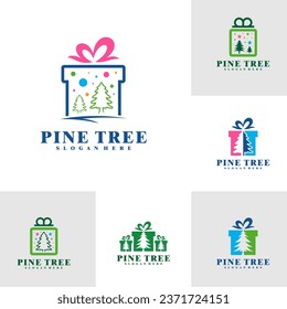 Set of Gift with Pine Tree logo design vector. Creative Pine Tree logo concepts template